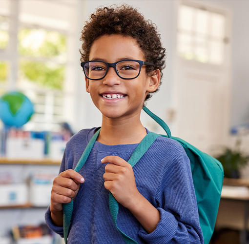 child in school wearing glasses for myopia